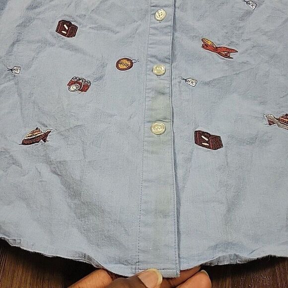 Vintage Teddi Shirt Womens XL Cameras Planes Embroidery Button Up Toll Tab STAIN - Picture 3 of 9